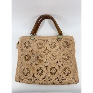 Vintage 1960's Italian Summer Straw Beach Tote Wood Handle Boho Coastal Summer